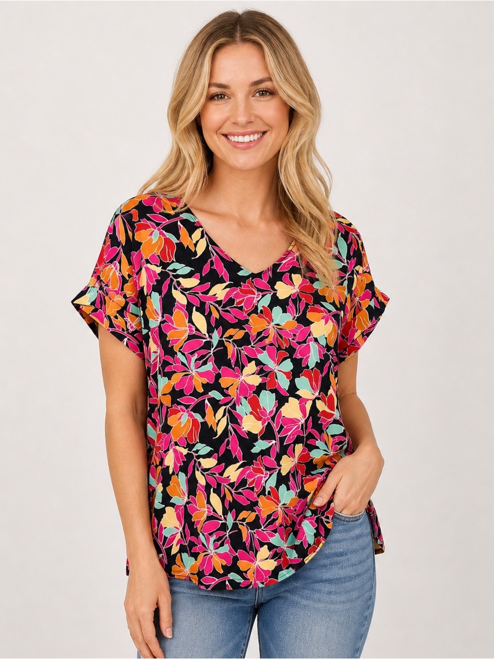 First Love by Lovelyn Floral Boho V-Neck Top Women’s Large Flowy Short Sleeve